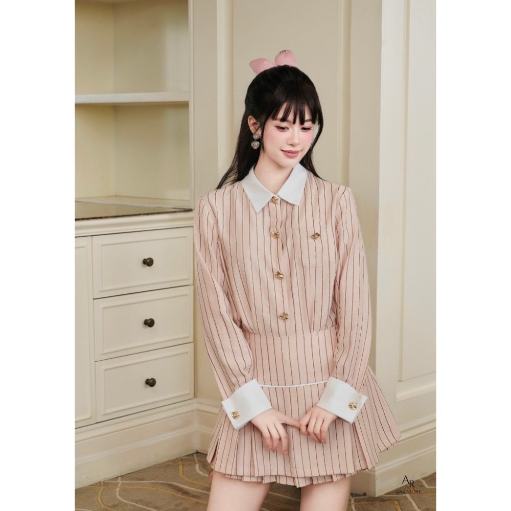 Set kẻ hồng (có bán rời) Áo sơ mi phối cổ tay cúc nơ Al125 và Chân váy xòe kẻ Cv59 xòe xếp ly Velith Set