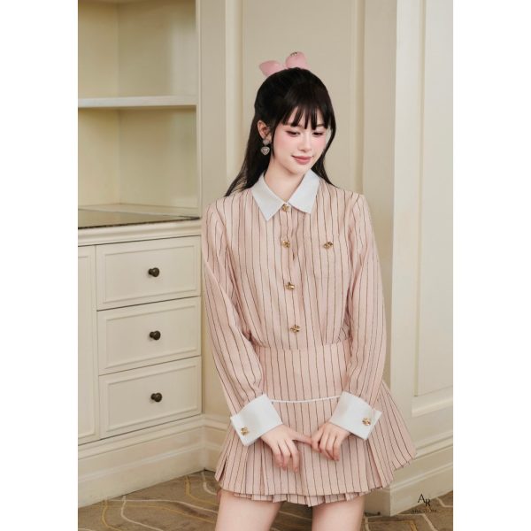 Set kẻ hồng (có bán rời) Áo sơ mi phối cổ tay cúc nơ Al125 và Chân váy xòe kẻ Cv59 xòe xếp ly Velith Set