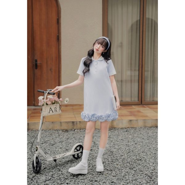 Váy đầm dáng suông kẻ xanh đính viền hoa 3D Solyn Dress V102
