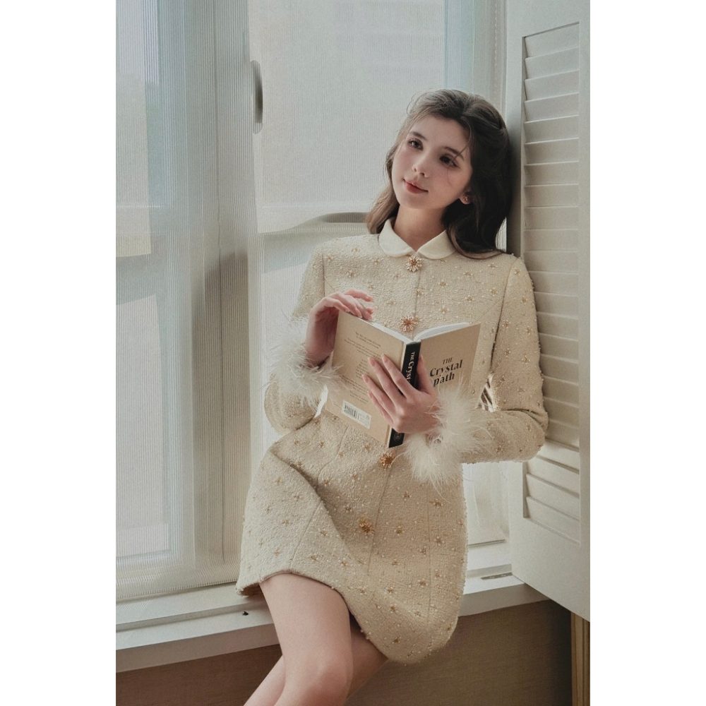 Váy thiết kế dạ Tweed đính hạt cổ tròn Myan Dress V91 – 4
