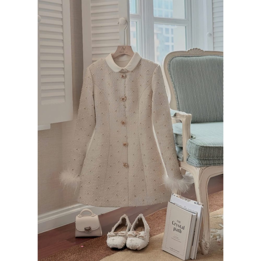 Váy thiết kế dạ Tweed đính hạt cổ tròn Myan Dress V91 – 2