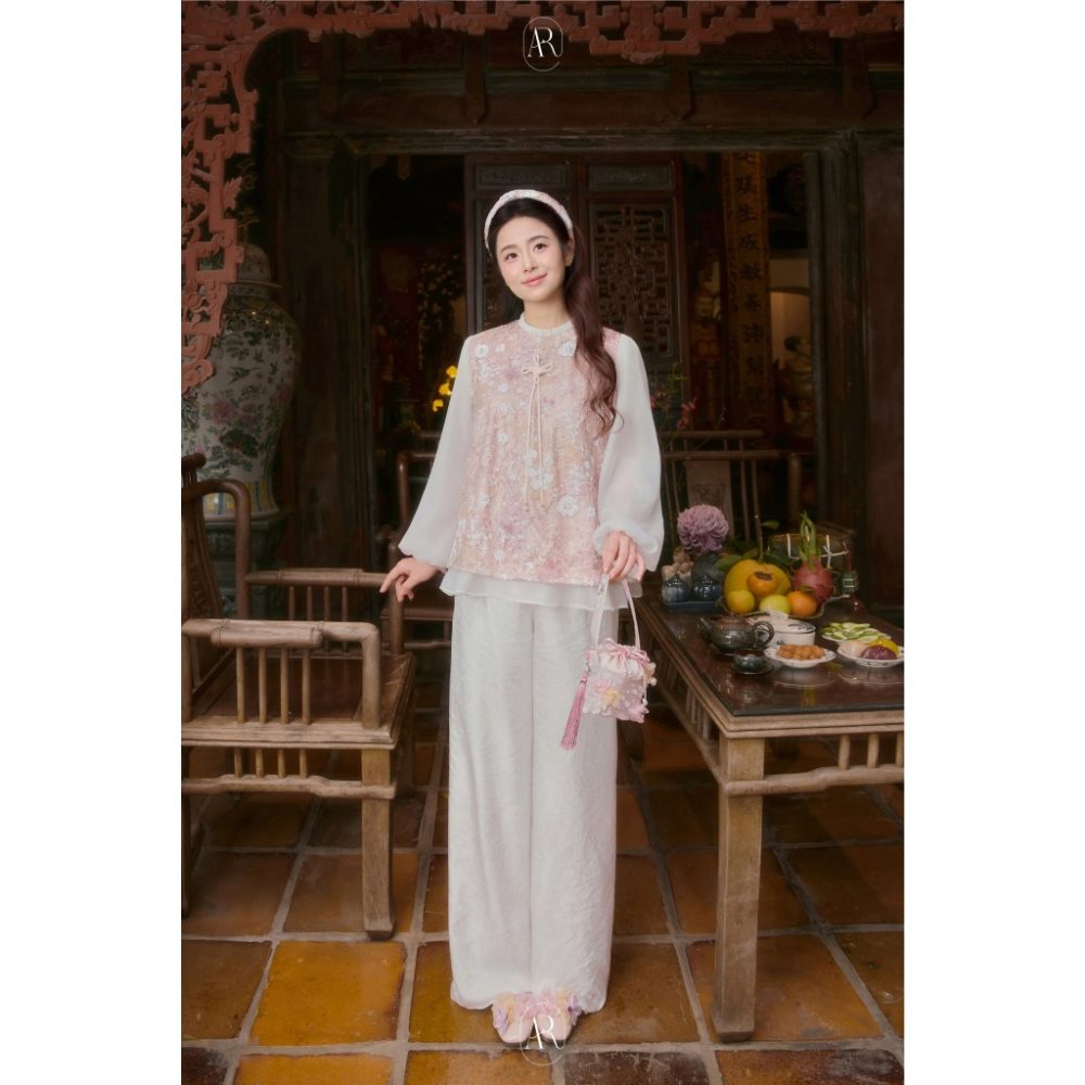 Áo ren thêu kim sa hồng Khả Nhiên AD004
