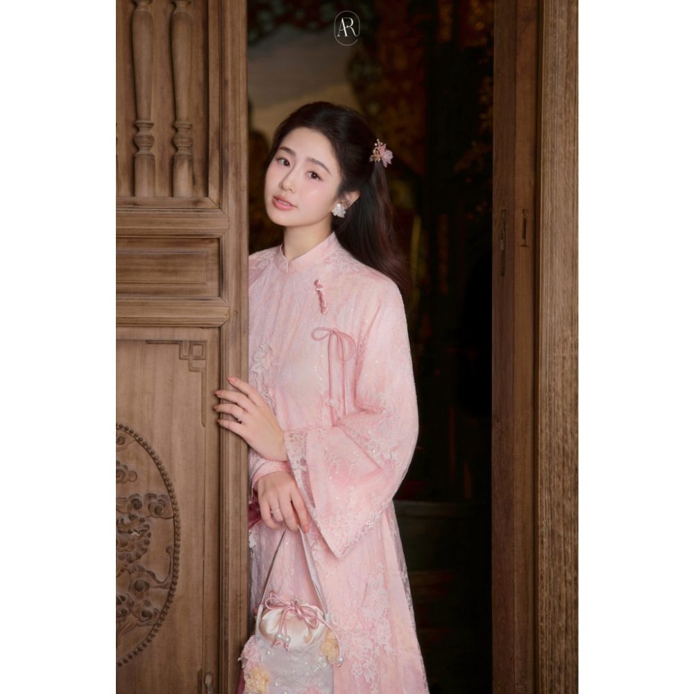 Áo dài Nhã ren hồng đính kim sa Ad005 (Chưa kèm quần) – 4
