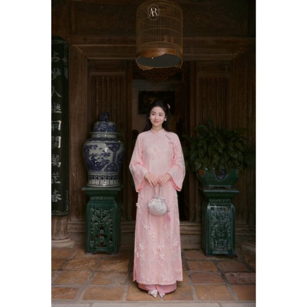 Áo dài Nhã ren hồng đính kim sa Ad005 (Chưa kèm quần)