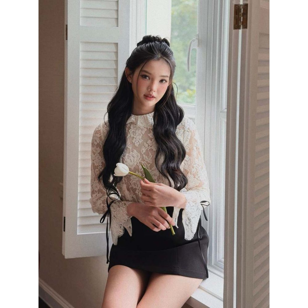 Áo sơ mi ren 3 lớp dài tay đính nơ Mia Top Al156