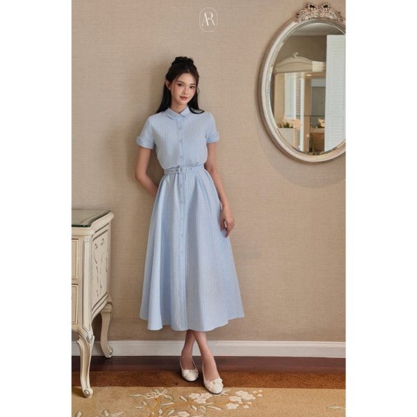 Váy đầm dài kẻ xanh xòe tiểu thư kèm đai Aria Dress V145