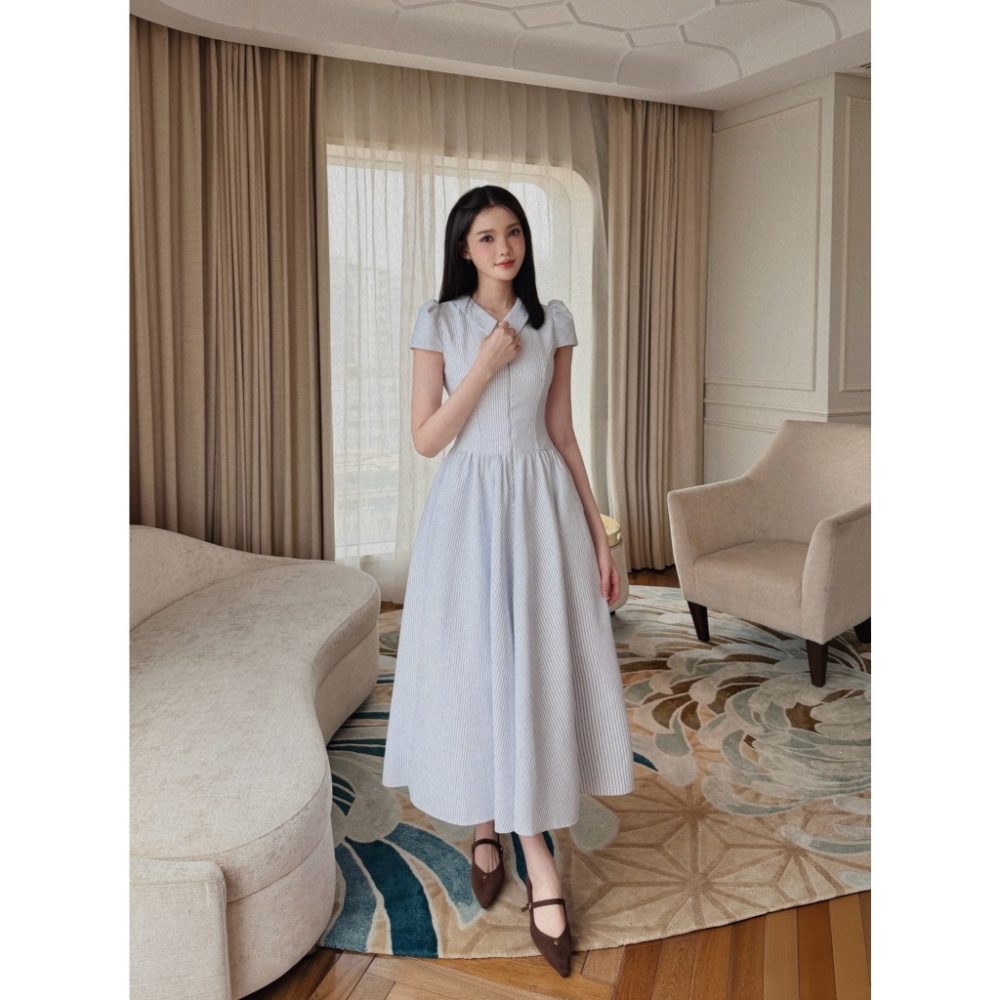 Váy dài kẻ cổ V khóa kéo Alyn Dress V149