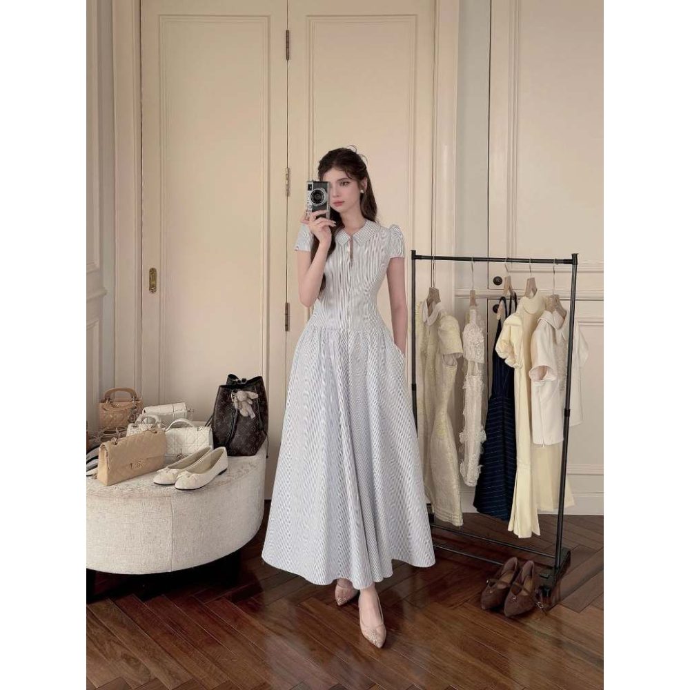 Váy dài kẻ cổ V khóa kéo Alyn Dress V149 – 3