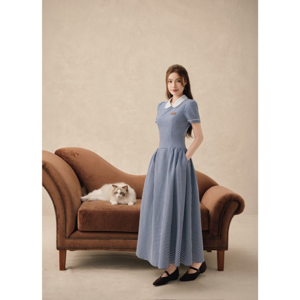 Váy xoè kẻ dáng dài cổ sen phối ren Lamia Dress V160