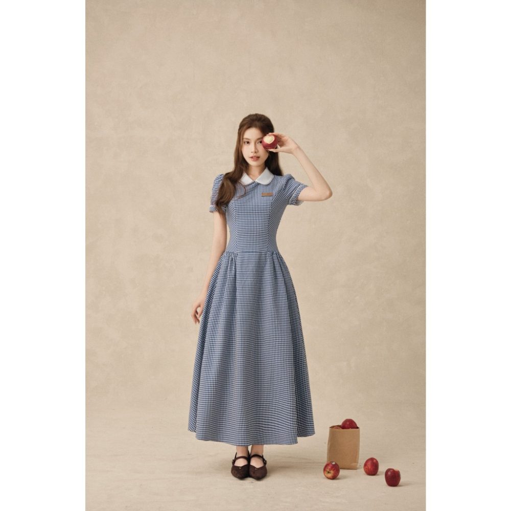 Váy xoè kẻ dáng dài cổ sen phối ren Lamia Dress V160 – 3