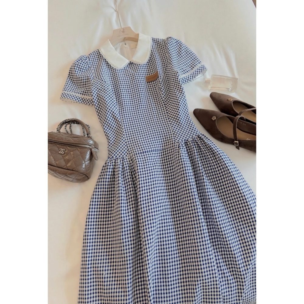 Váy xoè kẻ dáng dài cổ sen phối ren Lamia Dress V160 – 2