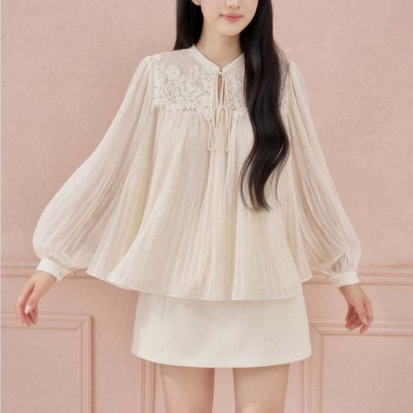 Áo sơ mi tơ vân mây đáp ren cao cấp Mya Top Al184