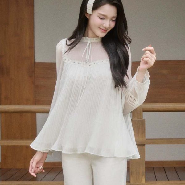 Áo sơ mi suông xếp ly cổ bèo nơ Una Top Al188