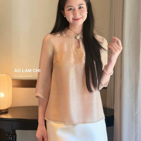 Áo sơ mi tơ tằm cổ sen đính viền ngọc áo Lam Chi Al196