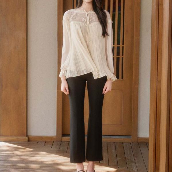 Áo sơ mi tơ xếp ly cổ viền ren cao cấp Cassia Top Al191