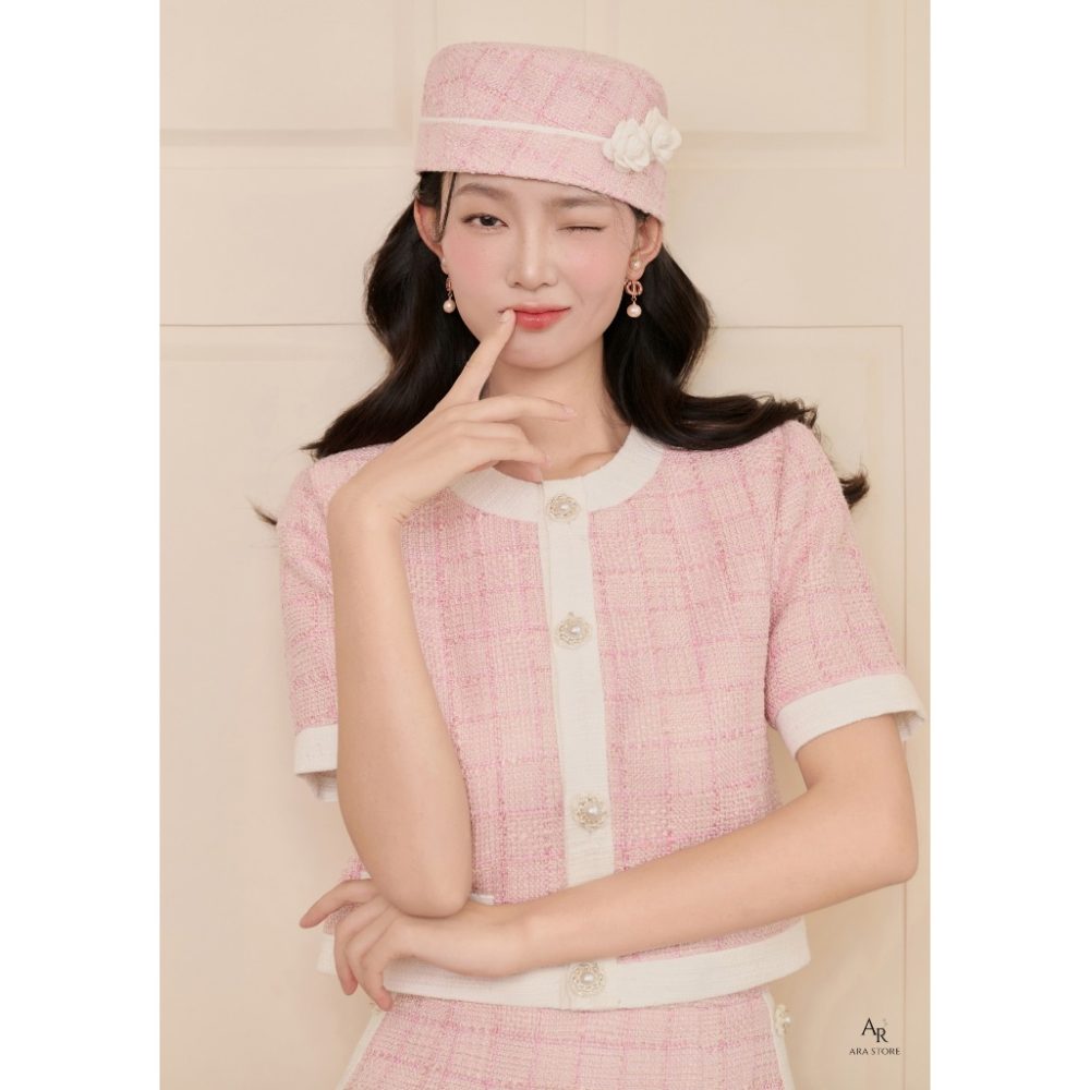 Set (có bán rời) Áo dạ tweed hồng dáng lửng Al153 và Chân váy xòe A đính viền Cv71 Mari Set – 3