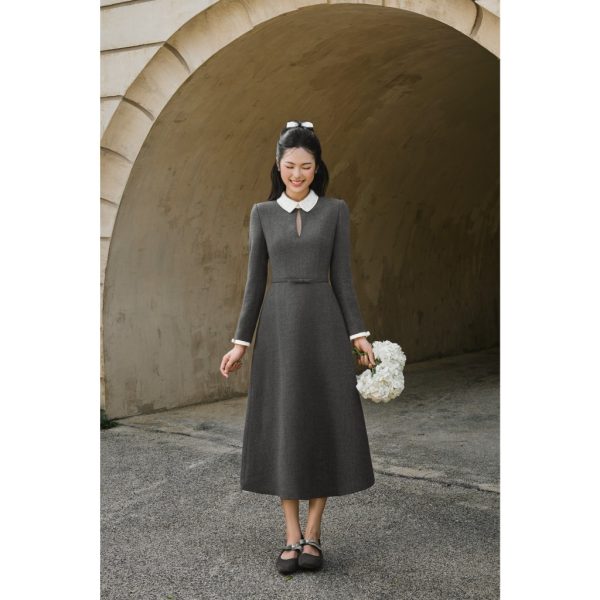 váy dáng dài phổi cổ trắng đai eo Hany Dress V141